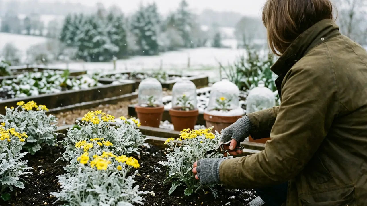 Cinerária-marítima cultivada em clima frio, com folhas prateadas e flores amarelas em um jardim protegido.