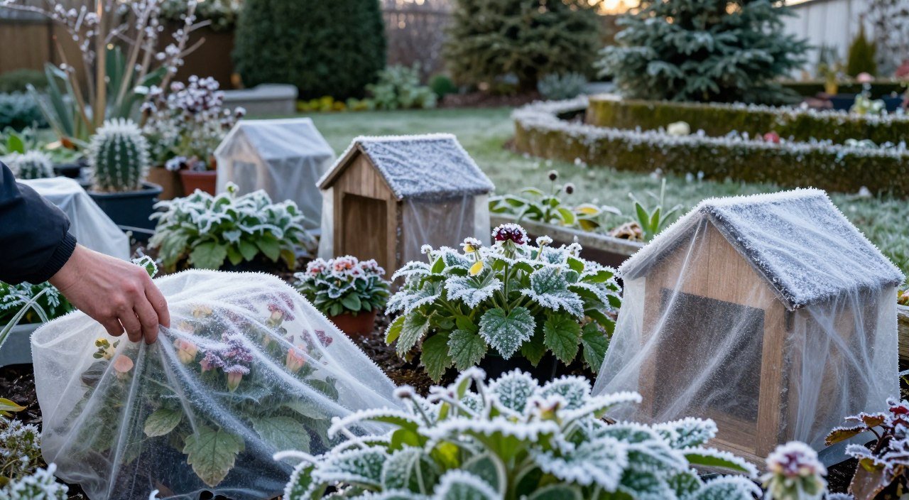 Plantas protegidas do frio em jardim durante os dias de inverno.