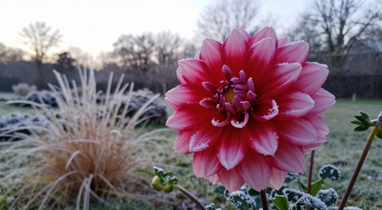 Dália florida no inverno com pétalas coloridas e leve camada de geada em um jardim.