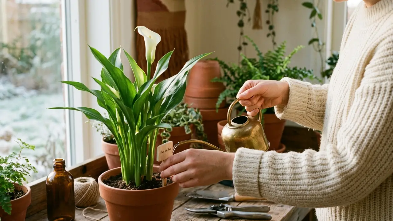 Copo-de-leite com flores brancas em fase de floração ao lado de ferramentas de jardinagem.