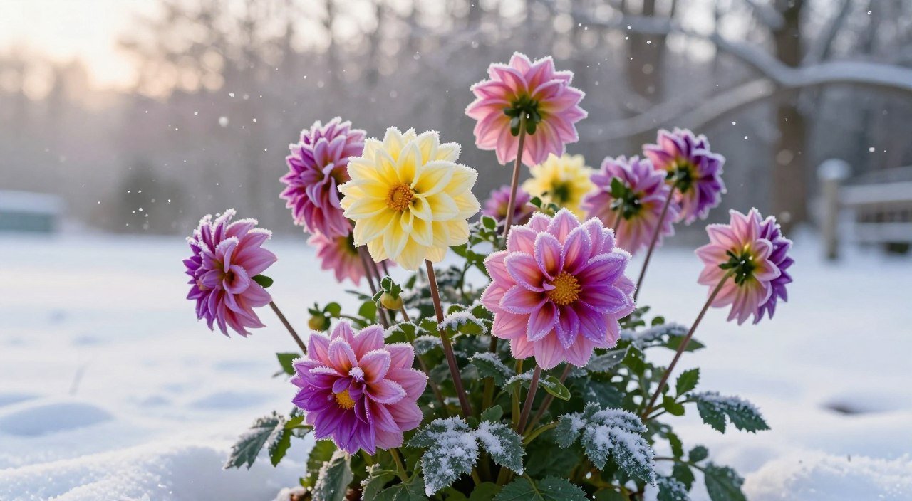 Dália com flores coloridas e leve camada de geada durante o inverno, destacando os cuidados contra o frio intenso.