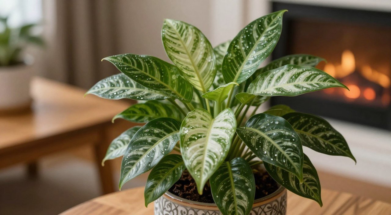 Aglaonema em vaso precisa de cuidados especiais no inverno? Aglaonema em vaso com folhas verdes e prateadas cultivada em ambiente protegido durante o inverno.