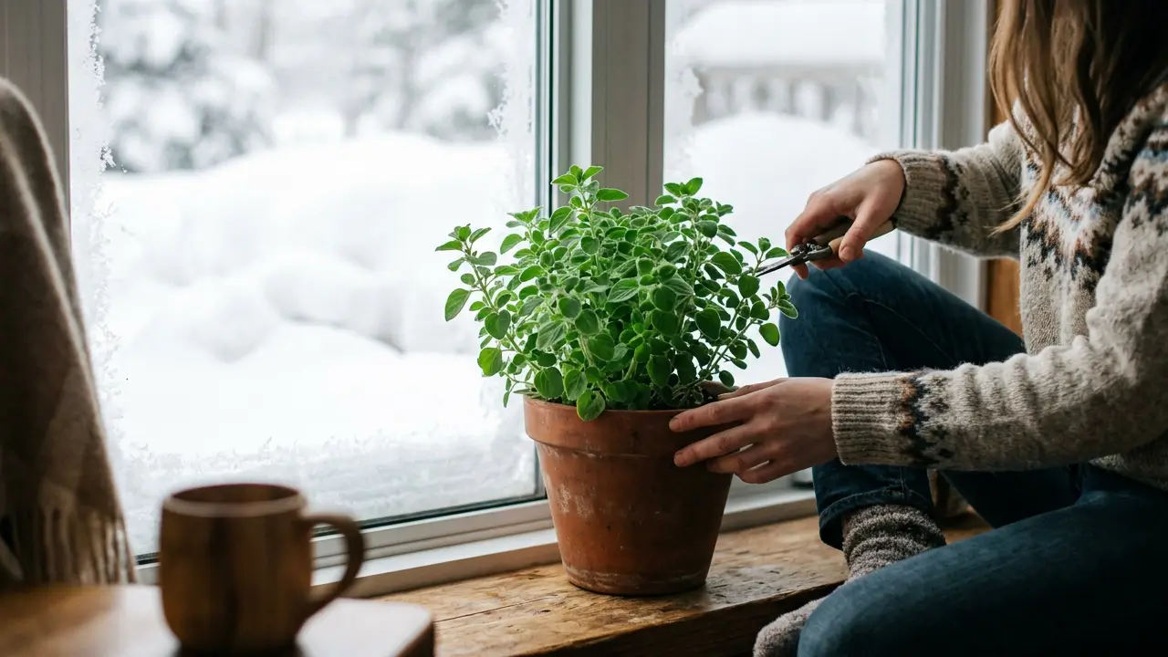 Orégano saudável em vaso próximo à janela durante os dias frios, com folhas verdes e ambiente protegido.