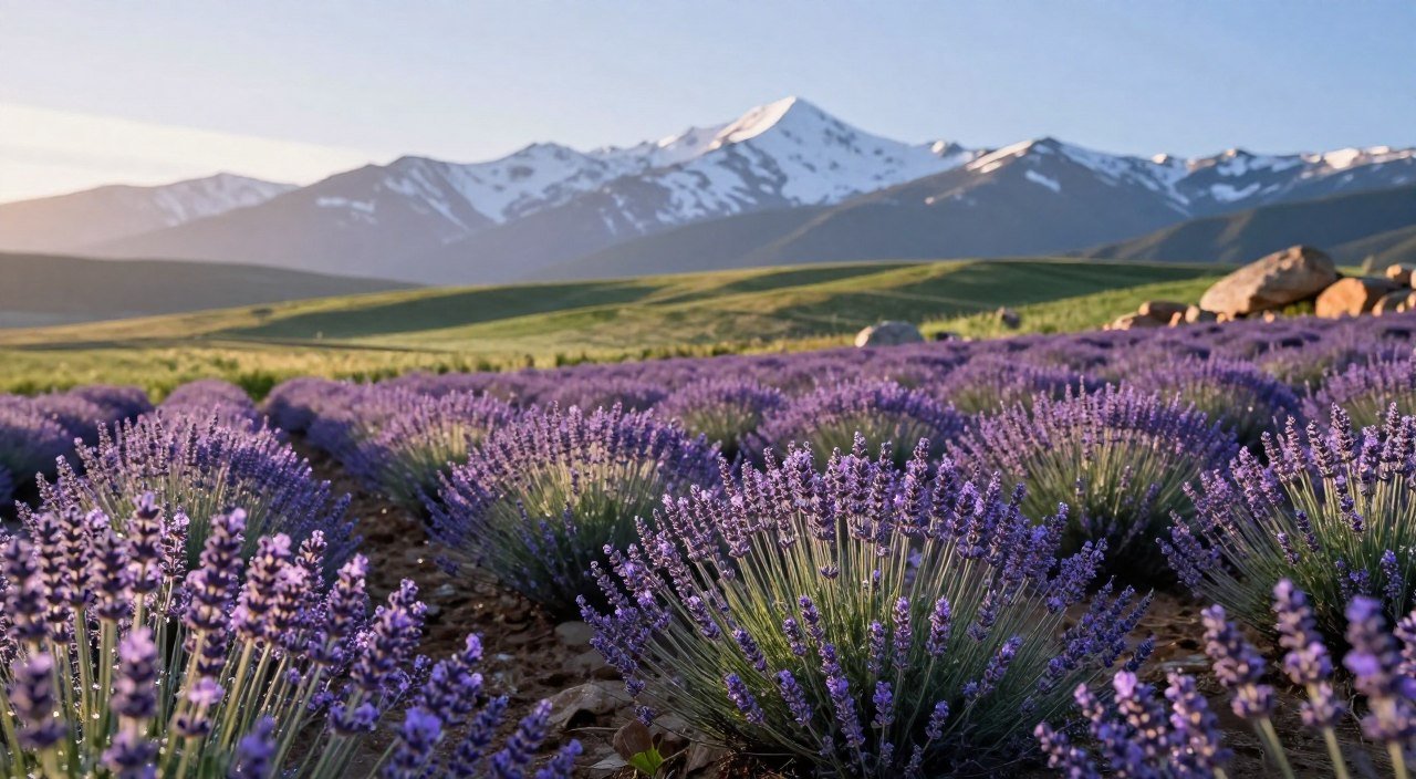 Lavanda cultivada em região fria, com flores roxas saudáveis e montanhas cobertas de neve ao fundo.