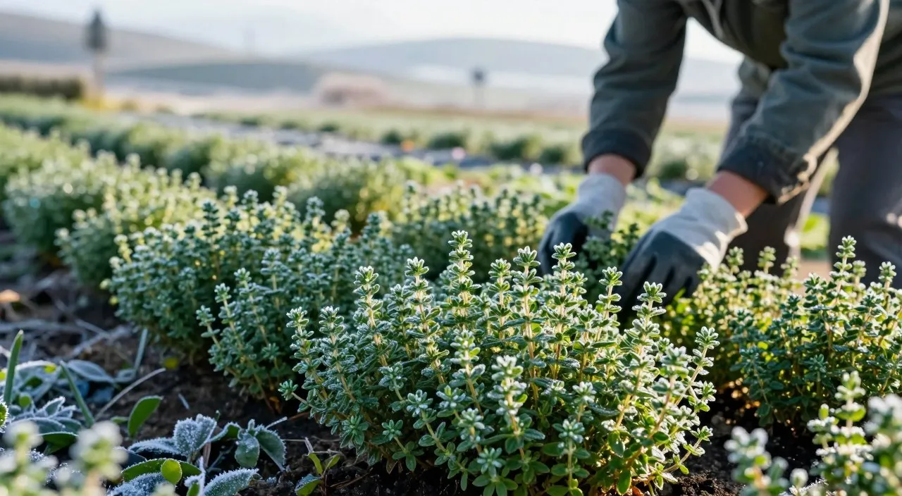 Tomilho cultivado em região fria, com folhas verdes cobertas por leve geada em canteiro ensolarado.
