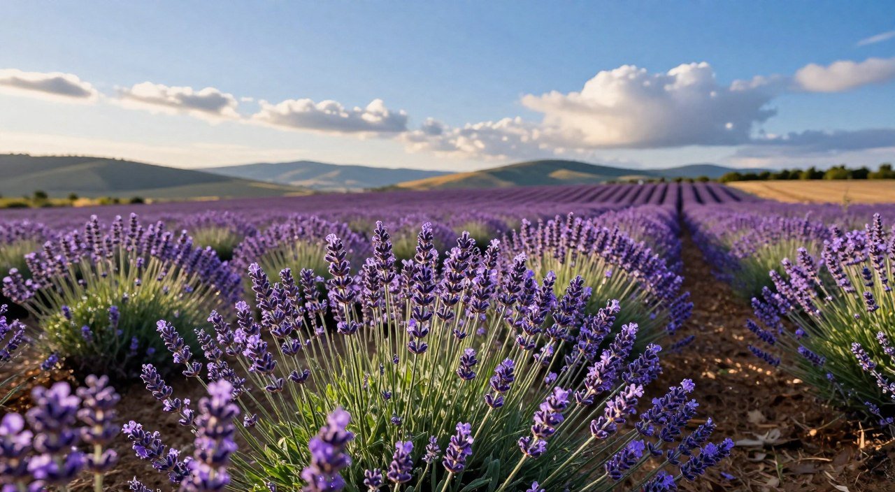 Lavanda em plena floração com flores roxas e folhagem verde cultivada em campo ensolarado.
