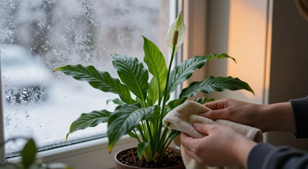 Lírio-da-paz saudável em vaso protegido próximo à janela durante os dias frios de inverno.