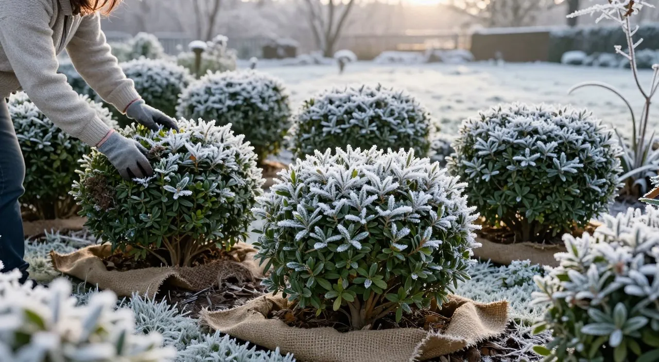 Buxinho no inverno com leve geada e proteção com cobertura vegetal para evitar danos causados pelo frio.