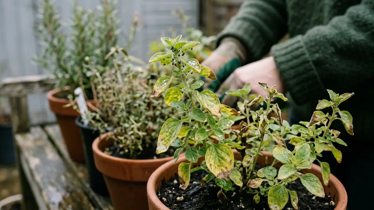 Orégano com folhas amareladas, manchas marrons e sinais de pragas mostrando problemas comuns no cultivo.