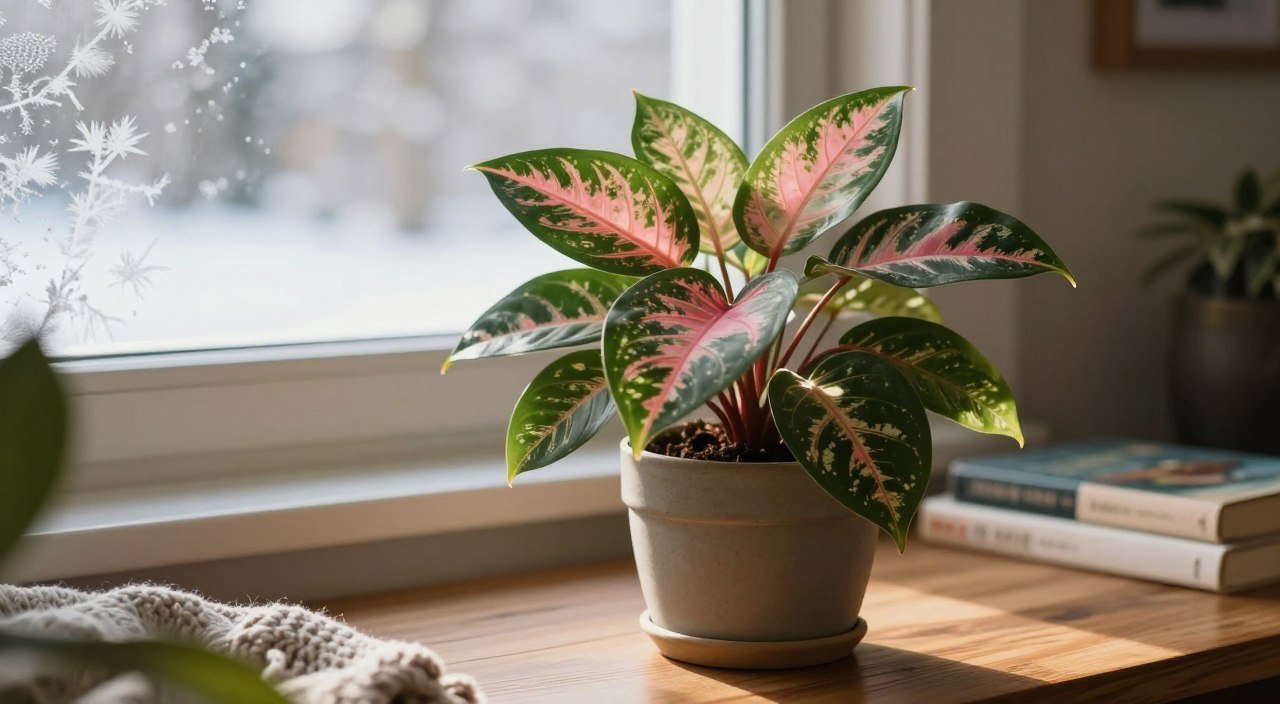 Qual é a iluminação ideal para a Aglaonema no inverno? Aglaonema com folhas verdes e rosadas recebendo luz indireta em ambiente interno durante o inverno.