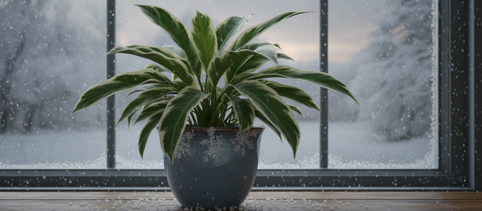 Planta-de-ferro com folhas verdes e variegadas cultivada em vaso durante o clima frio.